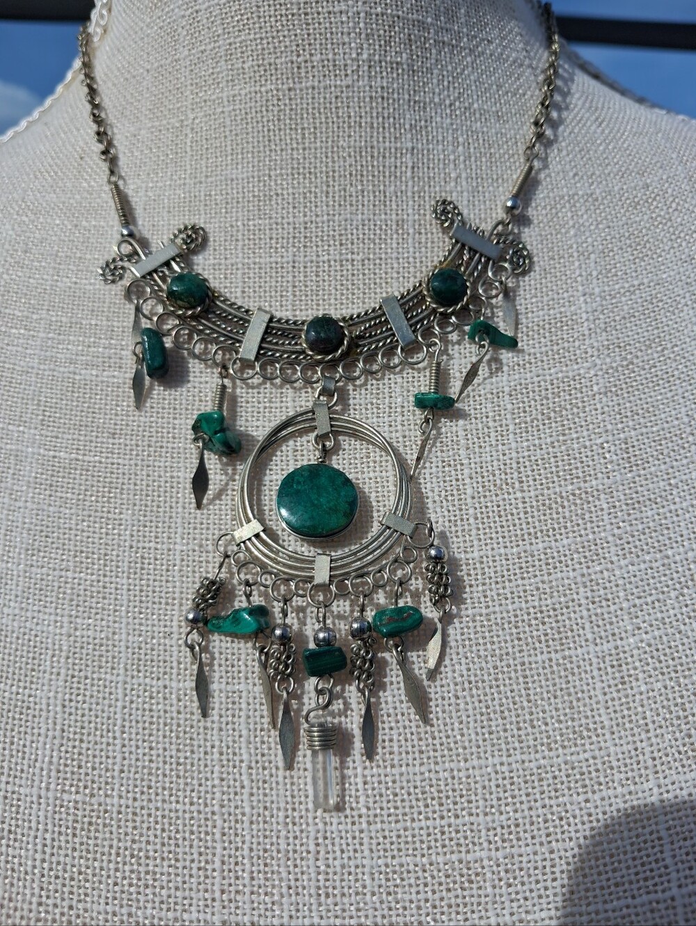 Vintage Peruvian Handmade Wire Wrapped Bib Necklace Alpaca Silver Malachite